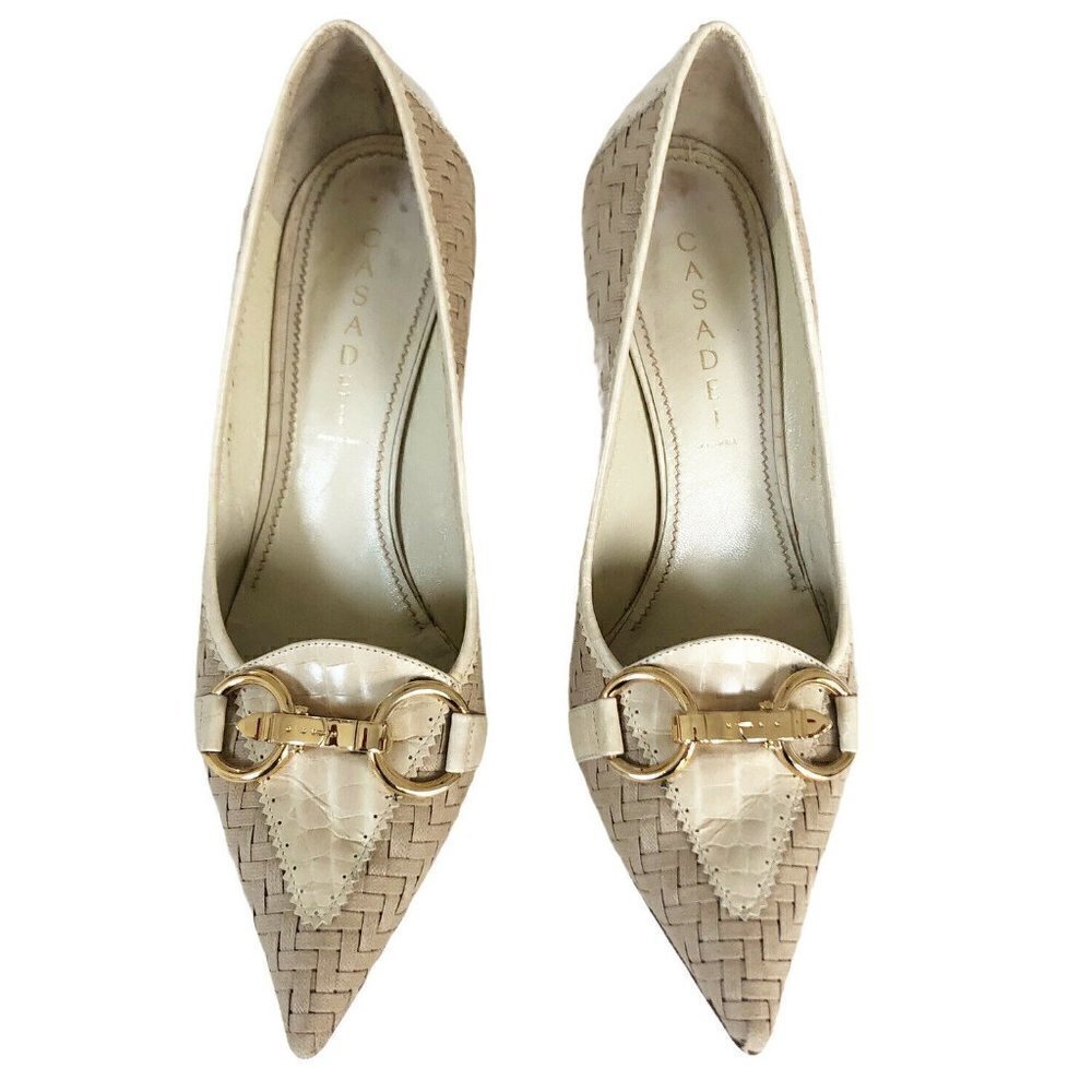 Casadei Beige Woven Leather Gold Horse Bit Heels - Picture 2 of 12